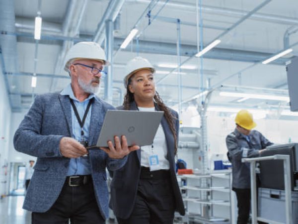 Two Professional Heavy Industry Engineers Wearing Hard Hats at Factory. Walking and Discussing Industrial Machine Facility, Working on Laptop. African American Manager and Technician at Work.